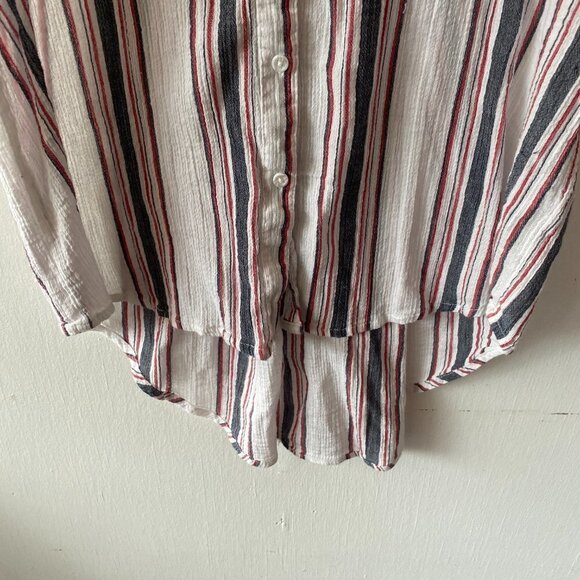 Cest 1946 Blouse Womens Large Striped Button Front Collared Hi Lo Hem Pleated - Picture 3 of 9